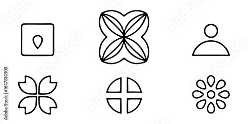 Collection of six minimalist geometric ornaments isolated on white background unique and elegant designs for various creative projects, embodying simplicity and sophistication