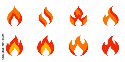 Vibrant fire icons set against a white background, showcasing dynamic flame designs in warm tones, ideal for representing energy, passion, or heat in various creative projects