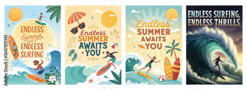 Vibrant summer-themed illustrations featuring surfers enjoying the waves and sun.