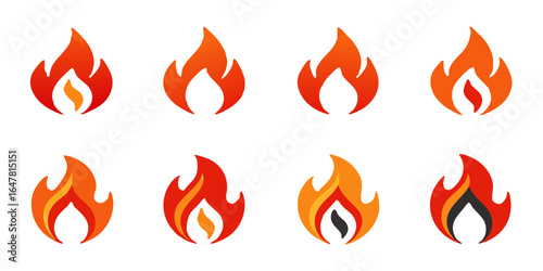 Set of flame icons isolated on white background a collection of vibrant fire symbols for design projects, representing energy, passion, and transformation in various creative applications