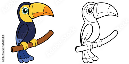 Beako Blaze the toucan perched on a branch with a large curved beak and simple feather lines