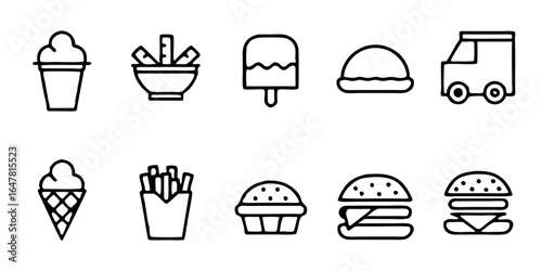 Set of fast food icons isolated on white background featuring ice cream, fries, burger, and delivery van in simple line art style, perfect for menu design and restaurant promotion