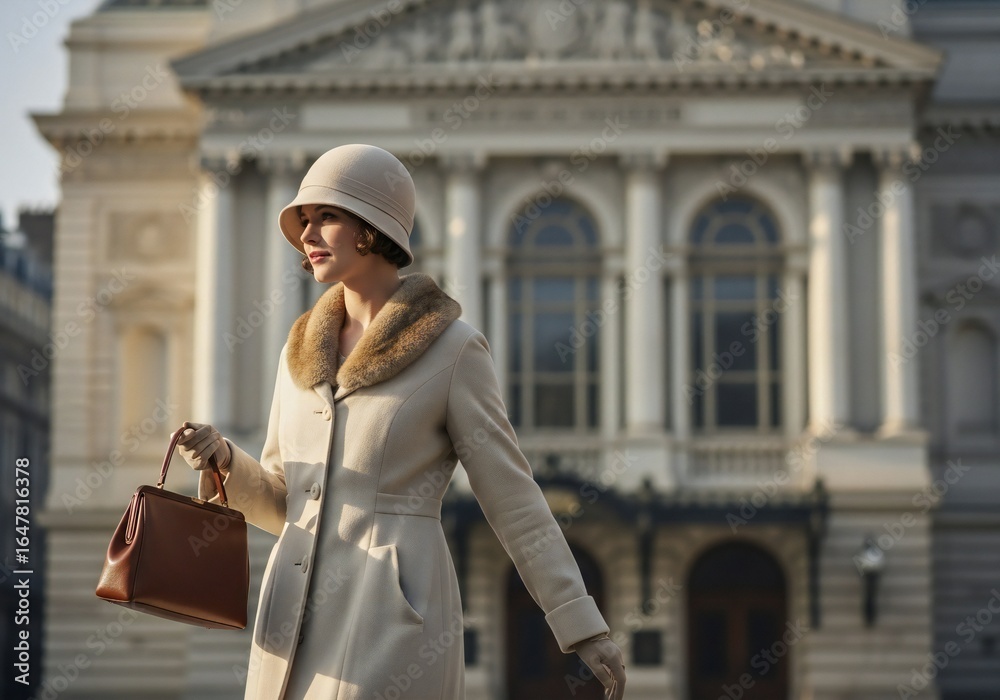 Fototapeta premium Refined woman in a beige coat cloche hat and gloves holds a handbag in front of a grand classical building