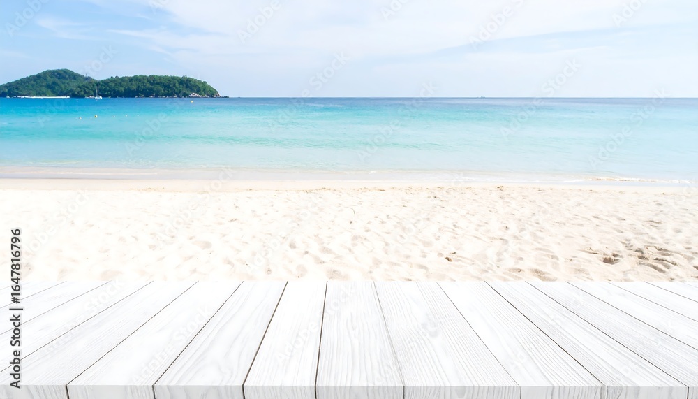 Fototapeta premium White wooden terrace against the backdrop of a serene tropical beach scene