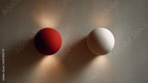 Two spherical wall lights illuminate beige wall, with soft shadows, for interior design