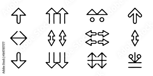 Set of outline arrow icons indicating various directions and movements, representing navigation, user interface elements, and graphic design concepts isolated on white background