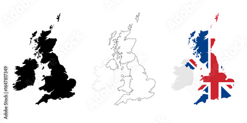 United Kingdom illustration. Great Britain solid, dashed and flag-filled country borders silhouette with geographical contours and colors. National or political UK region symbol. Country map pictogram