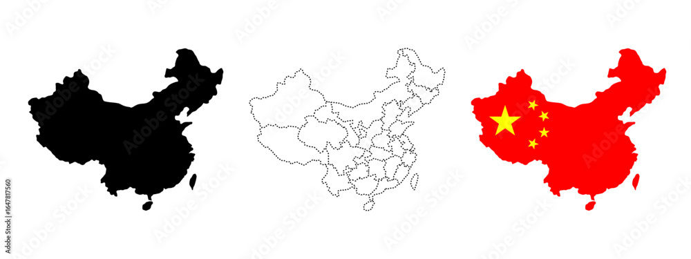 Obraz premium China map illustration. Black silhouette, dashed provinces map and national flag version. Political border sign. Asian territory symbol. National geography pictogram. Chinese country borders.
