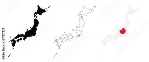 Japan map silhouette. Solid black shape, administrative regions and Japanese national flag sign. Geographic and political country symbol. East Asian identity pictogram. Vector map illustration.