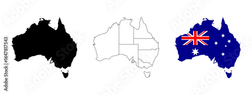Australia map silhouette. Solid black, dotted state borders and national flag design sign. Country's geographical and political shape symbol. Continent map pictogram. Australian map illustration.