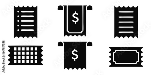 Receipt icon collection isolated on white background a set of black and white graphics representing financial transactions, bills, and payment slips for business and personal use