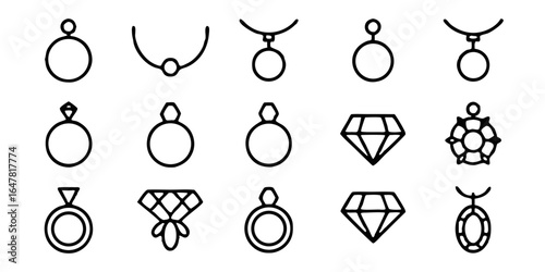Collection of jewelry icons isolated on white background, featuring rings, diamonds, necklaces, and pendants, perfect for fashion and luxury designs, showcasing elegant and precious gems