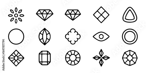 Collection of various gem stone shapes isolated on white background featuring diamond, crystal, and geometric designs for jewelry, luxury, and decorative purposes in a simple line art style