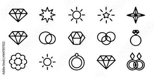 Collection of elegant line art icons featuring diamonds, stars, suns, and rings isolated on white background for jewelry, wedding, and luxury themed designs and creative projects