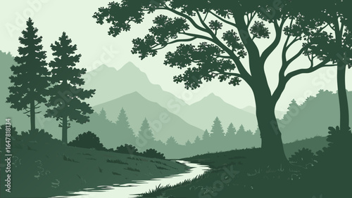 A serene landscape with a winding stream trees and distant mountains in shades of green and white