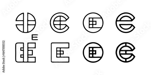 Collection of eight different letter e icons isolated on white background for logo design, brand identity, or creative projects requiring a unique and minimalist typographic element