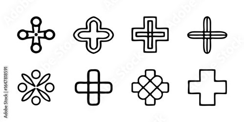 Collection of eight different cross icons isolated on white background for logo design, brand identity, or creative projects requiring a unique and minimalist symbolic representation