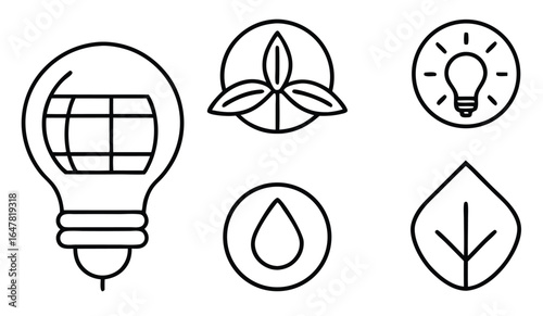 Renewable energy symbols light bulb leaf water drop wind turbine green sustainable