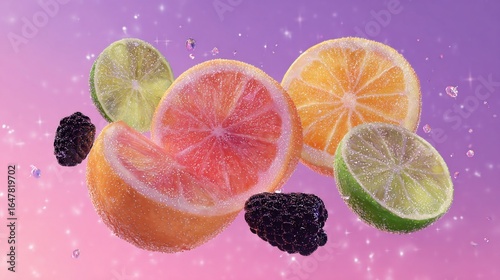 Vibrant citrus slices and blackberries float in a shimmering, purple space