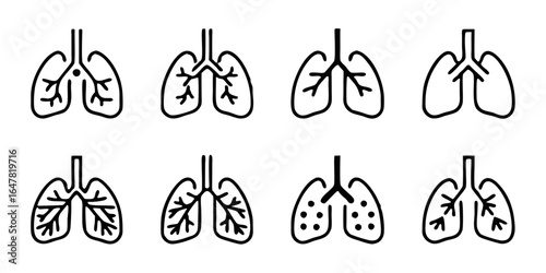 Lung icon set isolated on white background a collection of linear representations depicting various states of pulmonary health, including healthy lungs and those affected by different diseases