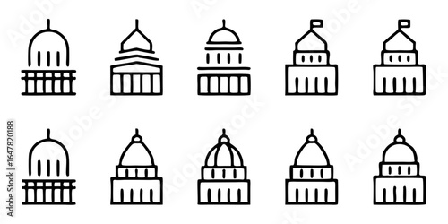 Set of minimalist capitol building icons isolated on white background a collection of simple line drawings depicting various government buildings and architectural landmarks