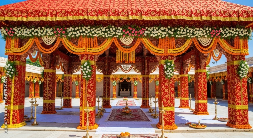 Naklejka premium Ornate Wedding Mandap Decorated With Vibrant Flowers And Fabrics