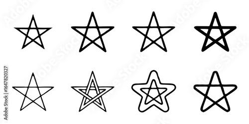 Collection of eight different star shapes isolated on white background, perfect for adding a touch of magic and wonder to your designs with these versatile celestial elements