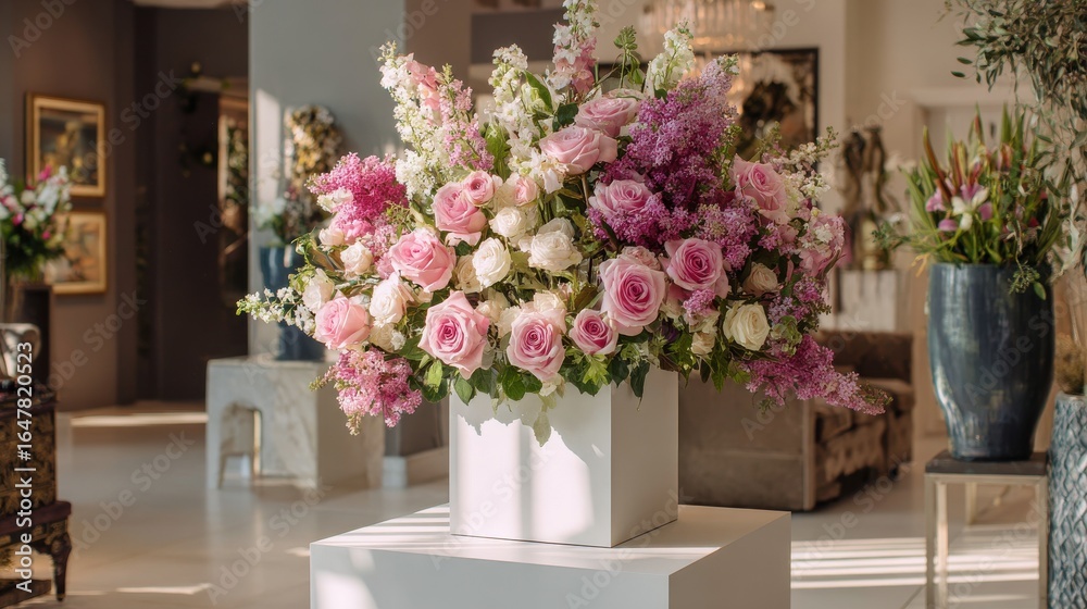 Fototapeta premium Elegant floral display with pink roses lilacs and white pedestal for product presentation.