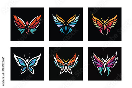 Butterfly vector icon set logo set with integrated in the design on black background.
