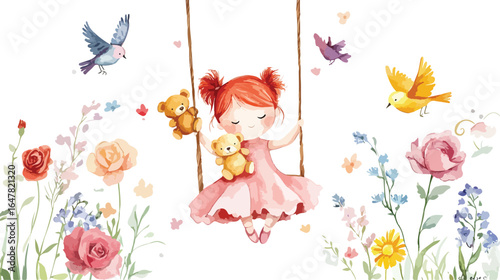 Watercolor Illustration of a Girl on a Swing with Teddy Bears and Flowers