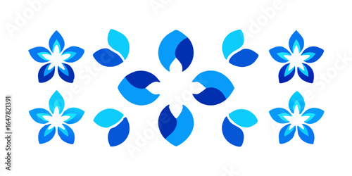 Collection of eight elegant and minimalist blue flower icons isolated on white background, perfect for adding a touch of nature and sophistication to your design projects