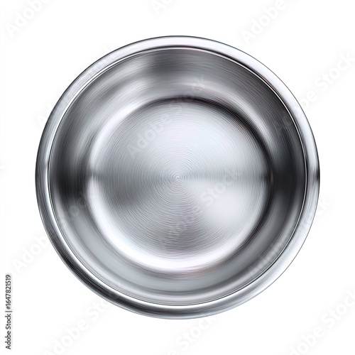 Shiny stainless steel bowl with circular pattern on a white background
