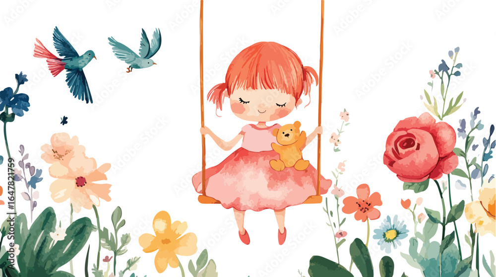 Obraz premium Charming watercolor illustration of a happy young girl with red hair swinging in a garden with birds and flowers