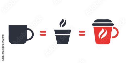 Coffee cup transformation isolated on white background, from a simple mug to a takeaway cup, symbolizing the evolution of coffee culture and convenience in a modern lifestyle