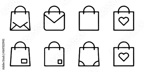 Set of simple shopping bag icons isolated on white background, showcasing different shapes and styles, perfect for online stores, promotional materials, and branding projects