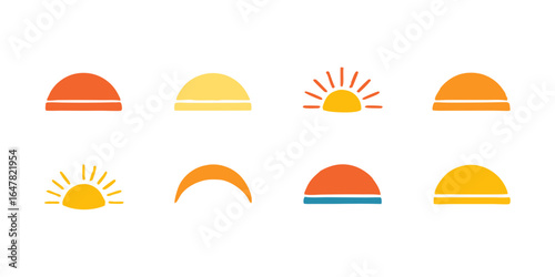 Collection of colorful sun icons isolated on white background, representing sunrise and sunset, perfect for weather forecasts, travel blogs, and summerthemed designs, adding warmth
