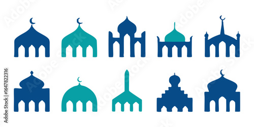Collection of mosque dome silhouettes isolated on white background a set of ten unique designs showcasing islamic architecture, perfect for ramadan, eid, and cultural projects