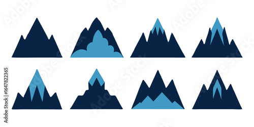 Collection of mountain peak silhouettes isolated on white background a set of eight unique designs showcasing mountain landscapes, perfect for outdoor and adventure projects