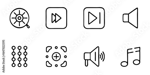 Set of simple line icons of media player controls isolated on white background collection of linear symbols for music and applications play, pause, stop, record, volume, and equalizer icons