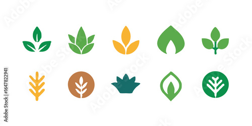 Assortment of colorful leaf icons isolated on white background, ideal for representing nature, organic products, and ecofriendly initiatives with a fresh and vibrant aesthetic