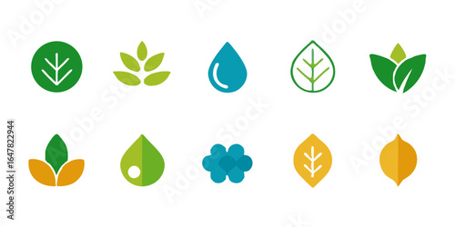 Collection of vibrant leaf and water drop icons isolated on white background, perfect for ecofriendly designs, organic branding, and natureinspired projects with a fresh and modern touch
