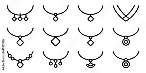 Minimalist necklace designs isolated on white background a collection of line art pendants and chains for fashion, jewelry, and accessories in a simple and elegant style