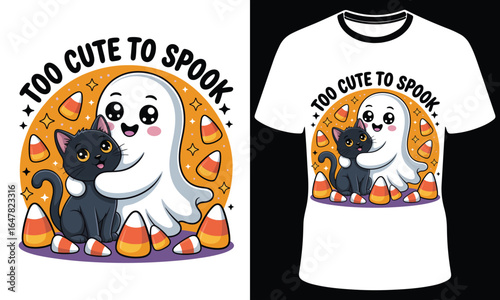 Adorable kawaii ghost hugging a black cat surrounded by candy corn with too cute to spook text for halloween