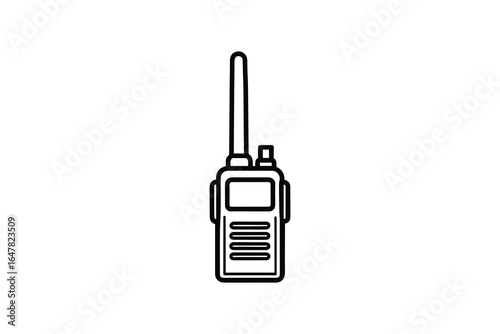 A black and white line drawing of a handheld two way radio transceiver device silhouette