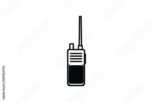 A black and white illustration of a handheld two way radio device silhouette