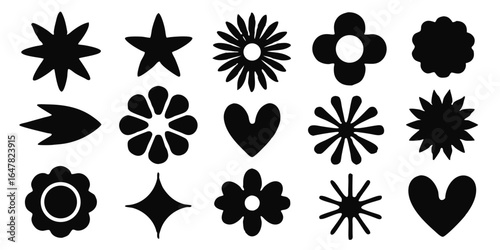 This is a black and white image displaying a collection of 15 simple, stylized graphic shapes arranged in a 3x5 grid. The shapes include stars, flowers with varying petal counts and styles, hearts, an