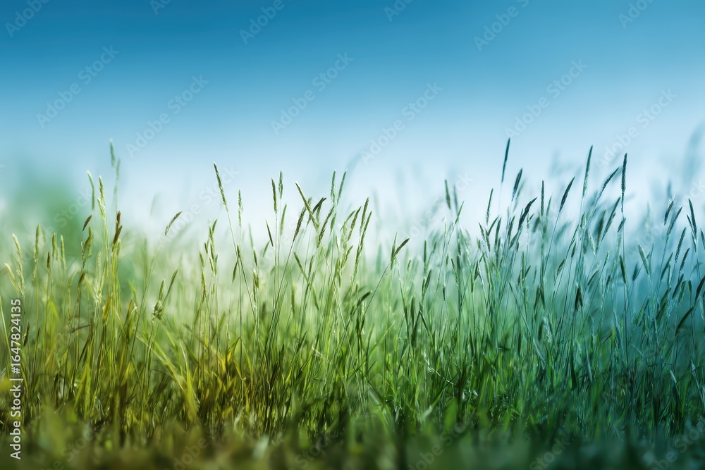 Fototapeta premium Bright spring meadow features lush green grass under a clear blue sky creating a serene natural atmosphere