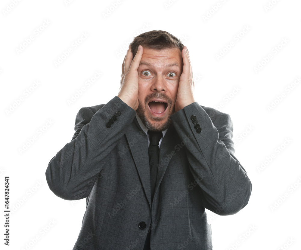 Businessman suffering from panic attack on white background Businessman suffering from panic attack on white background