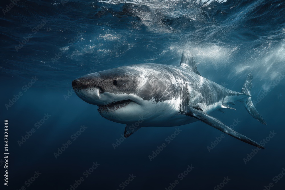 Fototapeta premium Realistic depiction of a great white shark swimming gracefully beneath the ocean surface showcasing its majestic form in clear blue waters