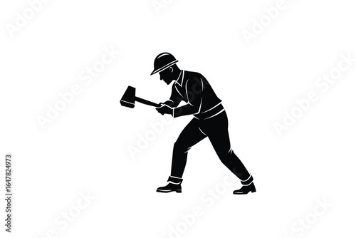 Firefighter in action swinging an axe to break down a door or wall silhouette